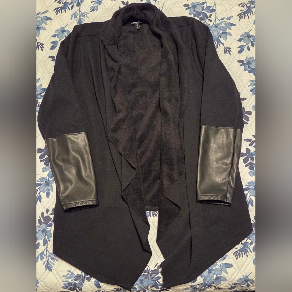 Express Black Open Front Drape Cardigan Faux Leather Trim Jacket Size M EUC